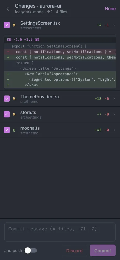 Review changes in afk: file list with a diff, commit and push