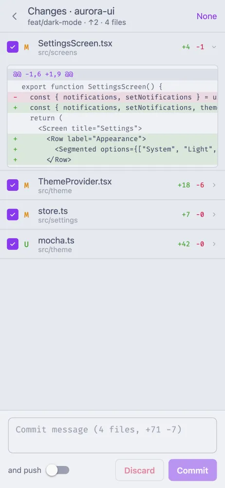 Review changes in afk: file list with a diff, commit and push