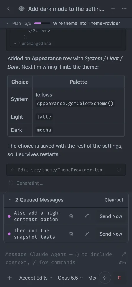 afk showing a live Claude thread: plan, diff and a table, with two queued messages
