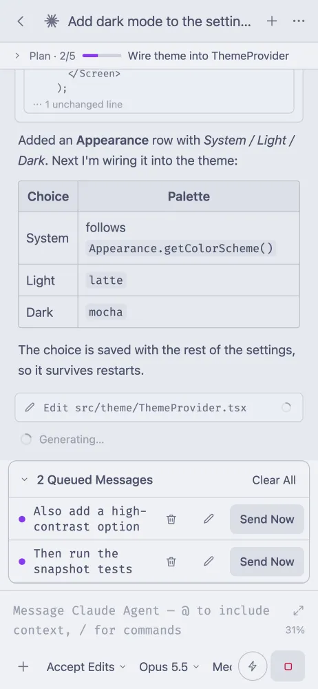 afk showing a live Claude thread: plan, diff and a table, with two queued messages